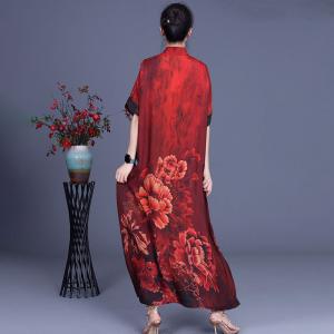 Chinese Peony Prints Vintage Cheongsam Silky Summer Loose Qipao