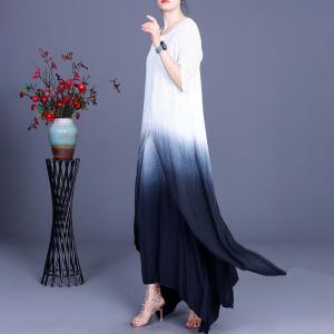 Front Slits Asymmetrical Tie-Dye Dress Loose Linen Striped Dress