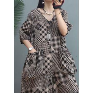 Classic Black Checkered Jumpsuits Cotton Linen Loose Coveralls