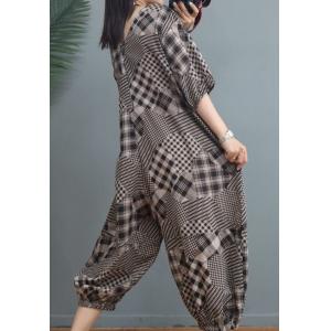 Classic Black Checkered Jumpsuits Cotton Linen Loose Coveralls