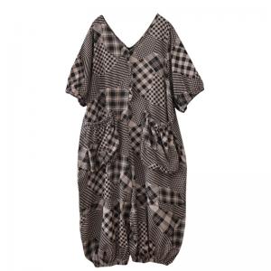 Classic Black Checkered Jumpsuits Cotton Linen Loose Coveralls