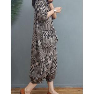 Classic Black Checkered Jumpsuits Cotton Linen Loose Coveralls