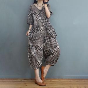 Classic Black Checkered Jumpsuits Cotton Linen Loose Coveralls