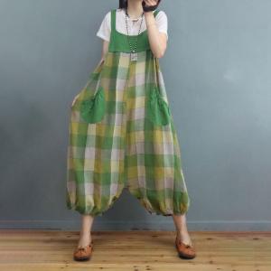 Big Plaids Cotton Linen Bloomer Overalls Cotton Linen Large Overalls