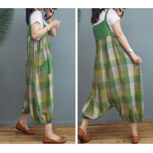 Big Plaids Cotton Linen Bloomer Overalls Cotton Linen Large Overalls