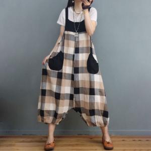 Big Plaids Cotton Linen Bloomer Overalls Cotton Linen Large Overalls