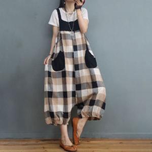 Big Plaids Cotton Linen Bloomer Overalls Cotton Linen Large Overalls