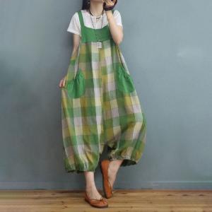 Big Plaids Cotton Linen Bloomer Overalls Cotton Linen Large Overalls
