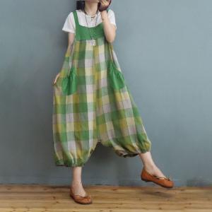 Big Plaids Cotton Linen Bloomer Overalls Cotton Linen Large Overalls