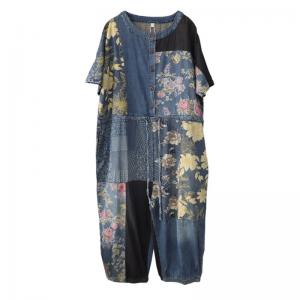 Blue Contrast Printed Denim Jumpsuits Drawstring Waist Cropped Jeans