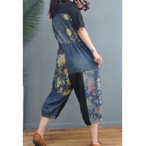 Blue Contrast Printed Denim Jumpsuits Drawstring Waist Cropped Jeans