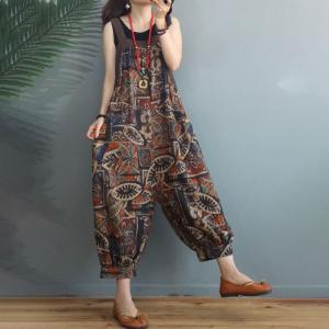 Sunflowers Printed Cotton Linen Overalls Summer Loose Flax Clothing