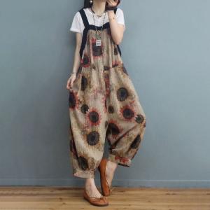 Sunflowers Printed Cotton Linen Overalls Summer Loose Flax Clothing