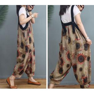 Sunflowers Printed Cotton Linen Overalls Summer Loose Flax Clothing