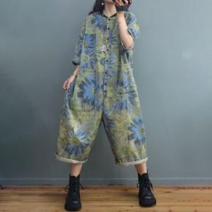 BF Style Tropical Printed Jean Jumpsuits Baggy Stone Wash Coveralls