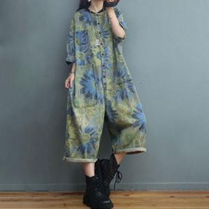BF Style Tropical Printed Jean Jumpsuits Baggy Stone Wash Coveralls