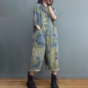 BF Style Tropical Printed Jean Jumpsuits Baggy Stone Wash Coveralls