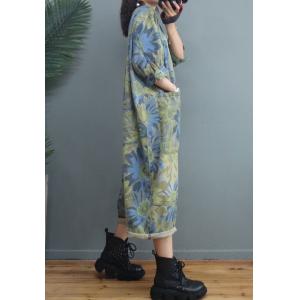 BF Style Tropical Printed Jean Jumpsuits Baggy Stone Wash Coveralls
