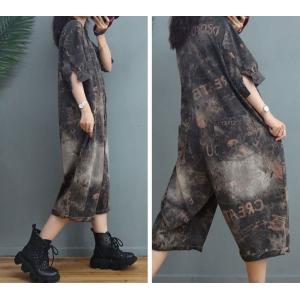 BF Style Tropical Printed Jean Jumpsuits Baggy Stone Wash Coveralls