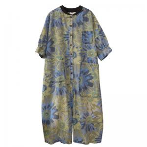 BF Style Tropical Printed Jean Jumpsuits Baggy Stone Wash Coveralls