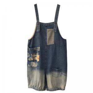 Printed Pockets Overall Shorts Denim Light Wash Rompers