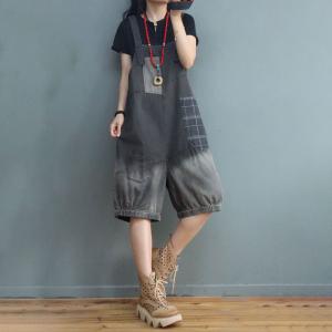 Printed Pockets Overall Shorts Denim Light Wash Rompers