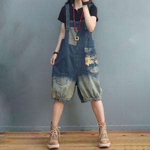 Printed Pockets Overall Shorts Denim Light Wash Rompers