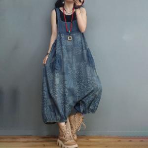 Comfy Soft Denim Balloon Overalls Folk Printed Plus Size Bloomers