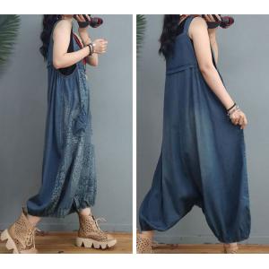 Comfy Soft Denim Balloon Overalls Folk Printed Plus Size Bloomers