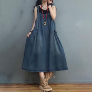 Loose-Fit Denim Flare Dress Adjustable Straps Overall Dress