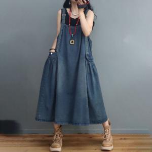 Loose-Fit Denim Flare Dress Adjustable Straps Overall Dress