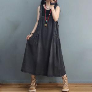 Loose-Fit Denim Flare Dress Adjustable Straps Overall Dress