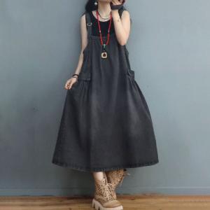 Loose-Fit Denim Flare Dress Adjustable Straps Overall Dress