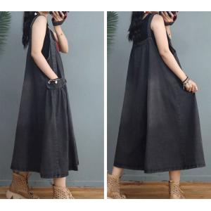 Loose-Fit Denim Flare Dress Adjustable Straps Overall Dress