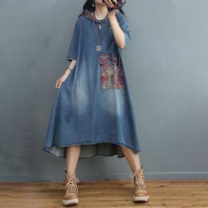 Floral Pocket Asymmetrical Hooded Dress Denim Midi Dress