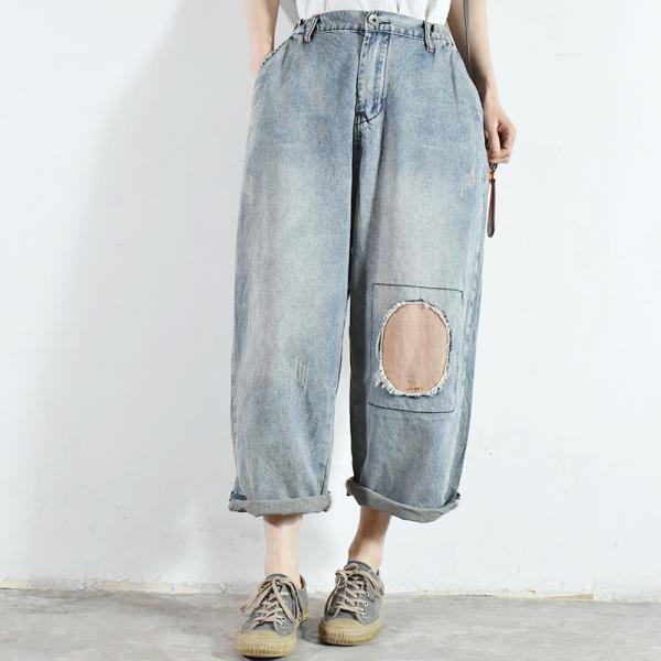 Circle Patchwork Baggy Boyfriend Jeans Womens Straight Leg Jeans