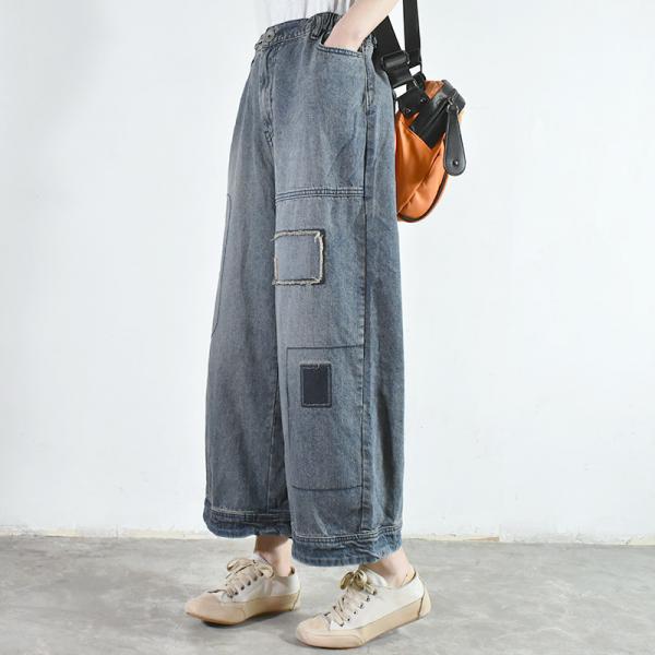 Korean Style Blue Patchwork Cuffed Jeans Baggy Stone Wash Jeans