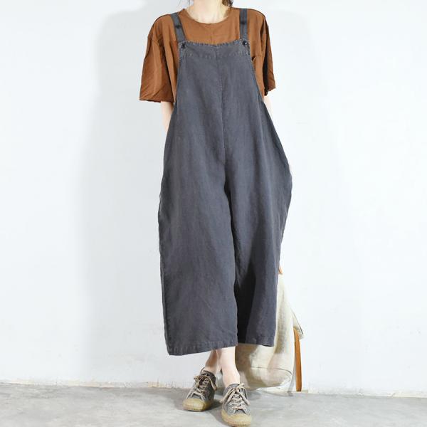 Solid Color Wide Leg Overalls Comfy Loose Linen Clothes