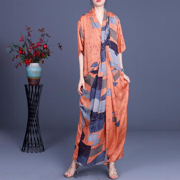 Abstract Patterned Loose Maxi Dress Silk Front Cross Kimono Dress