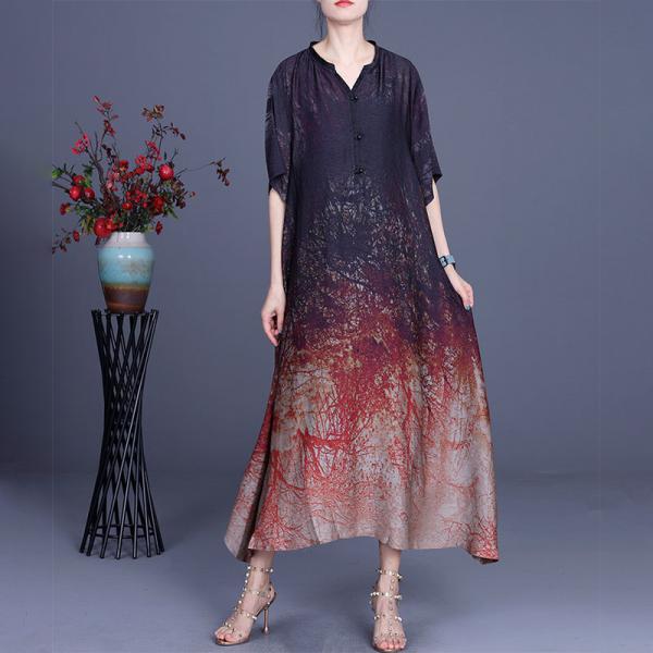 Sweetheart Neck Bicolored Dress Printed Silk Midi Dress for Senior Women