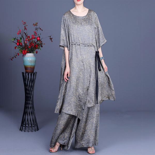 Drawstring Waist Asymmetrical Tunic with Loose Wide Leg Pants