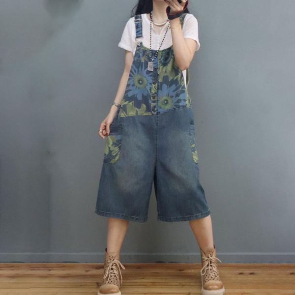 Summer Printed Overall Shorts Denim Wide Leg Dungarees