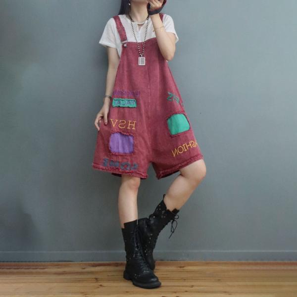 Colorful Patchwork Letter Overall Shorts Adjustable Straps Denim Rompers