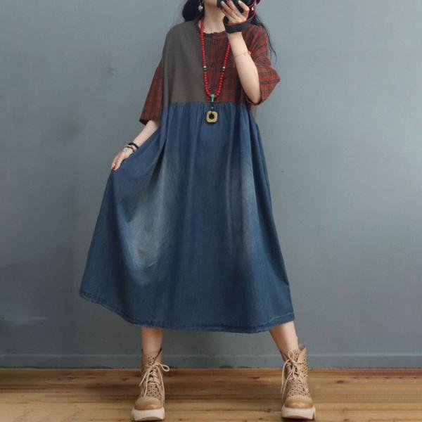 High-Waist Loose Denim Dress Outfits Stone Wash Checker Dress