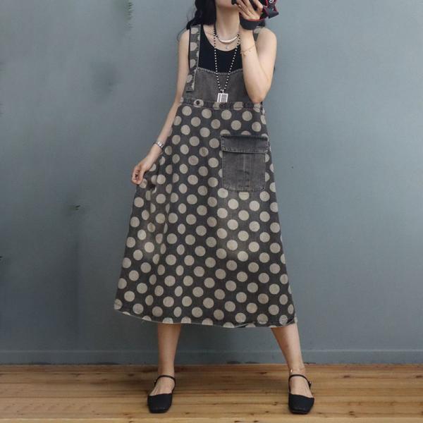 Polka Dot Denim Overall Dress Lace Up Reversible Midi Dress