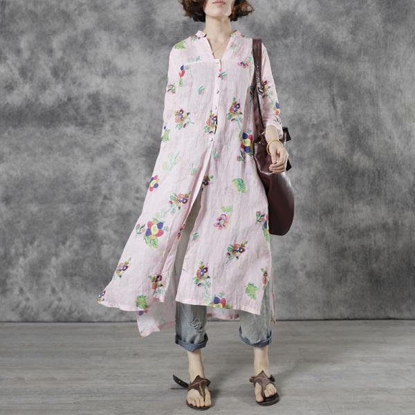 Colorful Flowers Light Pink Tunic Dress Ramie Midi Shirt Dress