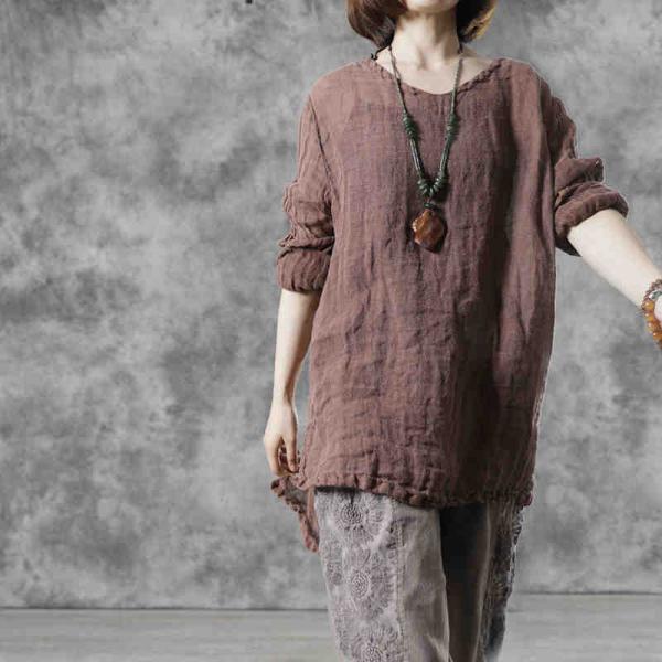 Long Sleeve Pleated Linen T-shirt Asymmetrical Plus Size Tunic Top