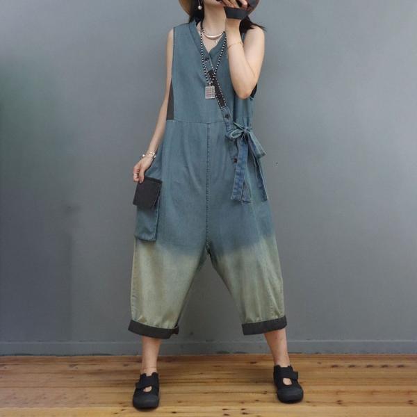 Big Flap Pockets Vest Jumpsuits Light Denim Front Tied Jumpsuits