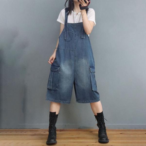 Beach Style Copped Wide Leg Overalls Stone Wash Gardening Clothes