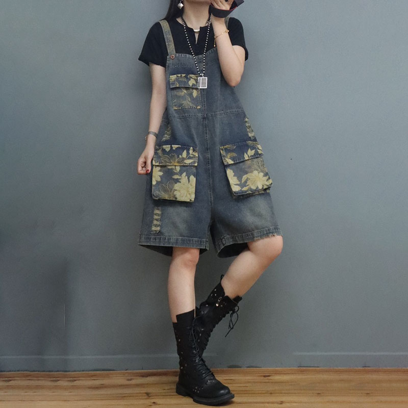 Yellow Flowers Wide Leg Rompers Flap Pockets 90s Overalls Shorts in ...